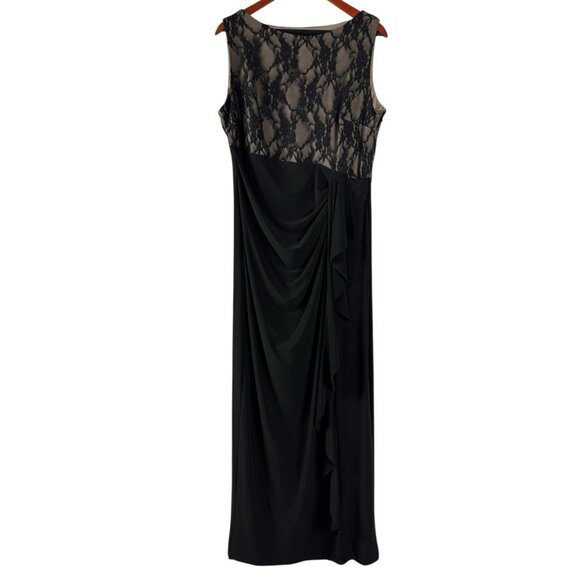 Chaps Black Maxi Dress 16 Lace Overlay Nude Illusion Cascading Cocktail Evening - Picture 1 of 8